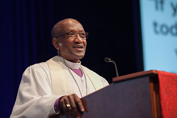 Bishop Marcus Matthews preaches at opening worship Thursday evening.
